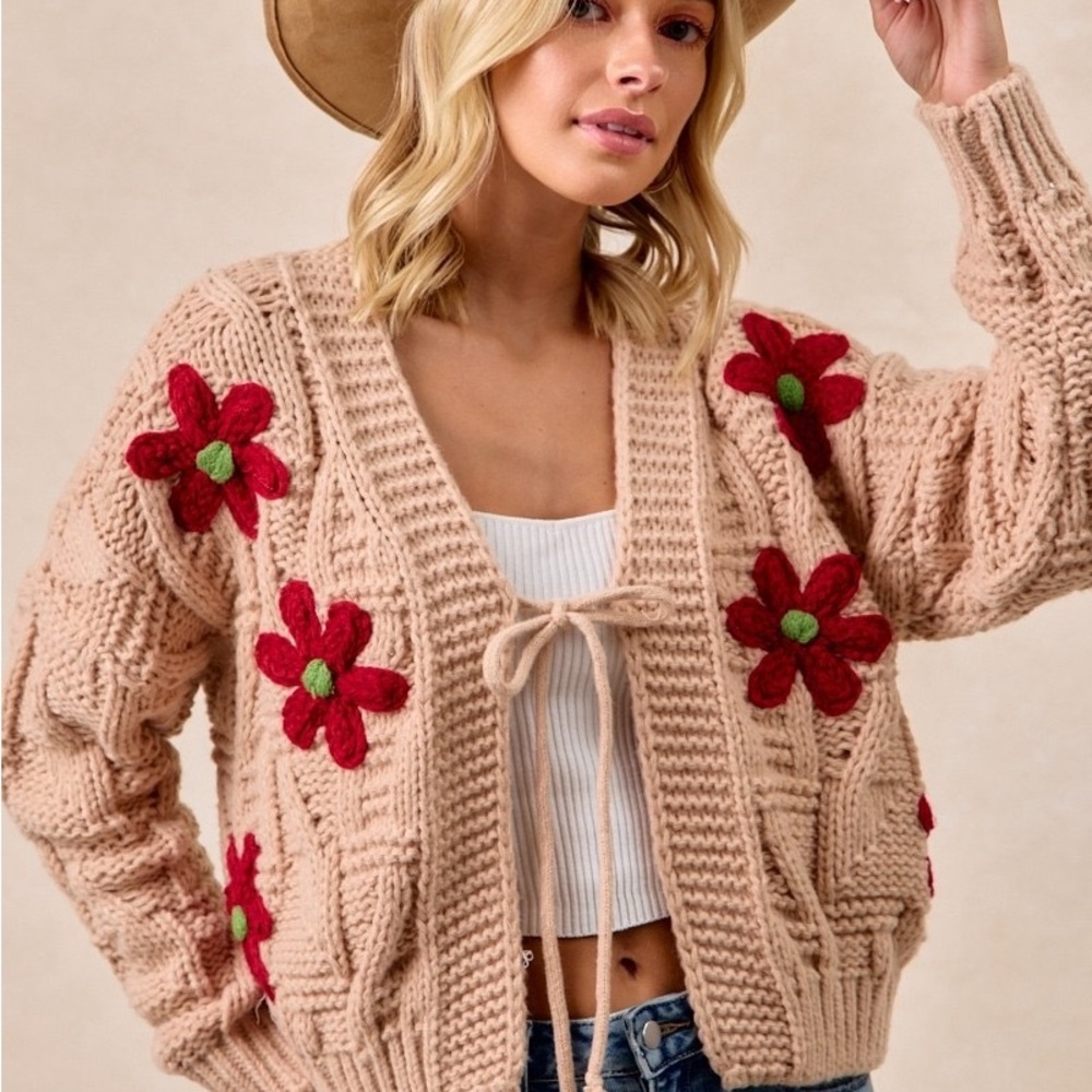 Flower Patched Texture Weave Sweater Cardigan